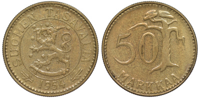 ФИНЛЯНДИЯ 50 МАРОК 1954 H KM 40 алюминиевая бронза 3334-754