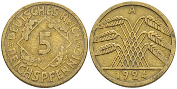 ГЕРМАНИЯ 5 РЕЙХСПФЕННИГОВ 1924 A KM 39, J. 316, Weege 7 алюминиевая бронза 211-544