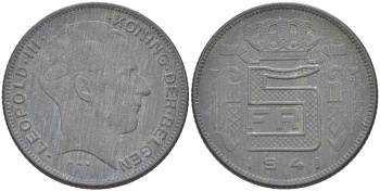 БЕЛЬГИЯ 5 ФРАНКОВ 1941 BELGEN, ГЕРМАНСКАЯ ОККУПАЦИЯ, ВТОРАЯ МИРОВАЯ ВОЙНА KM 130 цинк 217-133