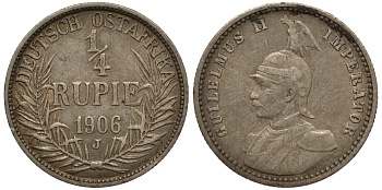 Немецкая Восточная Африка (Танзания) 1/4 рупии 1906 J, Ost-Africa, Вильгельм II Jaeger 720, KM 8 серебро 5010-622