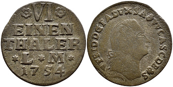 Ангальт-Бернбург 1/6 талера 1754 LM KM 39 серебро 560-1644