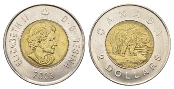 Канада 2 доллара 2003 Елизавета II (1952-2022), полярный медведь KM 496 биметалл 4678-1243