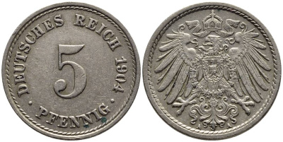 ГЕРМАНИЯ 5 ПФЕННИГОВ 1904 A KM 11, Jager 12, Weege 6 медно-никель 4547-436