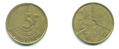БЕЛЬГИЯ 5 ФРАНКОВ 1986 BELGIQUE KM 163 латунь или алюминевая бронза 176-914