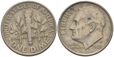 США 10 ЦЕНТОВ = 1 ДАЙМ 1989 P, РУЗВЕЛЬТ KM 195а медь плакированная медно-никелем 66-1123