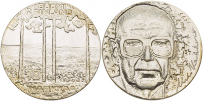 Финляндия 10 марок 1975 S-H, 75 лет президенту Урхо Кекконену KM 54 серебро UNC 1515-1542