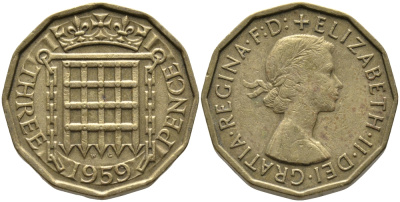 Великобритания 3 пенса 1959 Елизавета II (1952-2022) KM 900, Spink 4153 никель латунь 65-943