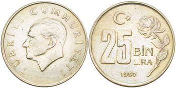 Турция 25000 лир 1997 Мустафа Кемаль Ататюрк KM 1041 медь никель цинк 202-331