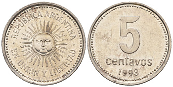 Аргентина 5 сентаво 1993 майское солнце, узкие буквы KM 109a1, CJ 2, Schon 109a медно-никель 4609-1236