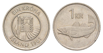 Исландия 1 крона 1981 треска KM 27 медно-никель UNC 4633-1253
