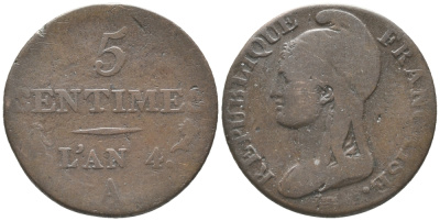 ФРАНЦИЯ 5 САНТИМОВ 1795 А, ДИРЕКТОРИЯ (1795-1799) LAN 4 KM 635.1 (С131.1) бронза 34-413