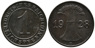 ГЕРМАНИЯ 1 РЕЙХСПФЕННИГ 1928 D KM 37, J. 313 бронза 39-966