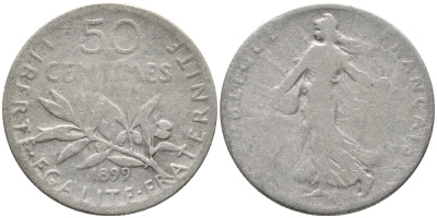ФРАНЦИЯ 50 САНТИМОВ 1899 ТИП СЕЯТЕЛЬ KM 854, LE FRANC 190.5 серебро 99-1136
