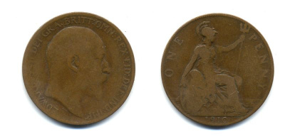 Великобритания 1 пенни 1910 Эдуард VII (1901-1910) KM 794.2, Spink 3990 бронза 47-833