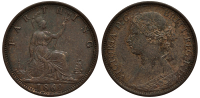 Великобритания 1 фартинг 1869 Виктория (1837-1901) KM 747.2, Spink 3958 бронза 4114-741