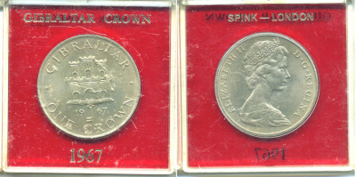 Гибралтар 1 крона 1967 Елизавета II (1952-2022), старый замок, в оригинальной пластиковой коробке, первый год чекана KM 4 медно-никель UNC 6-6-1-20