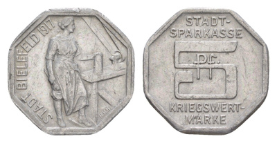 Билефельд 5 пфеннигов 1917 Funck 40.2, Men05 2775.4, Men18 3552.4 алюминий 4639-145