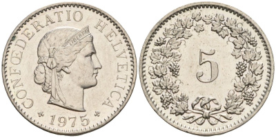 Швейцария 5 раппенов 1975 KM 26 медно-никель 4608-463