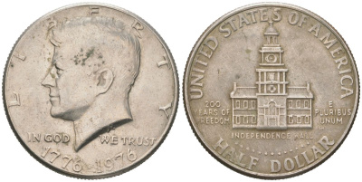 США 1/2 доллара (50 центов) 1976 200 лет независимости США KM 205 медь плакированная медно-никелем 111-523