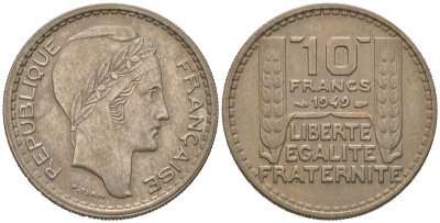 Франция 10 франков 1949 тип Пьер Турин KM 909, Le Franc 362 медно-никель 4582-253