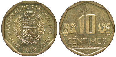 Перу 10 сентимо 2008 KM 305.4 латунь aUNC 4605-537