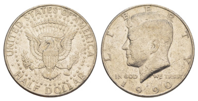 США 1/2 доллара (50 центов) 1990 P, Джон Кеннеди KM A202b медь плакированная медно-никелем aUNC 4517-621