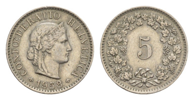 Швейцария 5 раппенов 1958 B KM 26 медно-никель 4643-335