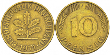 ФРГ 10 ПФЕННИГОВ 1971 J KM 108, J.383 сталь плакированная латунью 3718-743