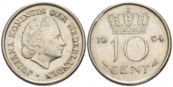 НИДЕРЛАНДЫ 10 ЦЕНТОВ 1964 ЮЛИАНА KM 182 никель 4547-836