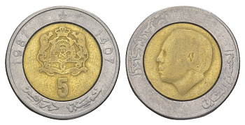 Марокко 5 дирхамов 1987 AH 1407, Хасан II (1961-1999) Y 82 биметалл 4638-242