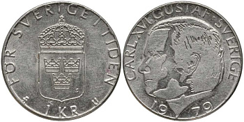 Швеция 1 крона 1979 U, Карл XVI Густав (1973- ) КМ 852 медь плакированная медно-никелем 202-516