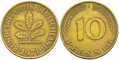ФРГ 10 ПФЕННИГОВ 1971 J KM 108, J.383 сталь плакированная латунью 3718-743