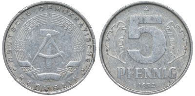 ГДР 5 пфеннигов 1972 A KM 9.1 алюминий 62-244
