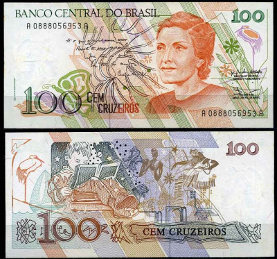 Бразилия 100 крузейро 1990 серия A 0888, Сесилия Мейреллеш Pick 228 бумага UNC (пресс) 2197-41-2-2