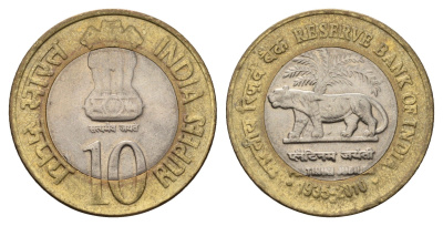 Индия 10 рупий 2010 75 лет Резервному банку Индии KM 388 биметалл 4119-1027