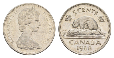 Канада 5 центов 1968 бобр, Елизавета II (1952-2022) KM 60.1 никель 4158-653