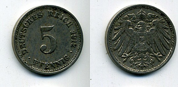 ГЕРМАНИЯ 5 ПФЕННИГОВ 1912 D, KM 11, J. 12 медно-никель 29-347