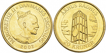 Дания 20 крон 2002 серия башни и ратуши, городская ратуша Орхуса KM 889 алюминиевая бронза UNC M17-19
