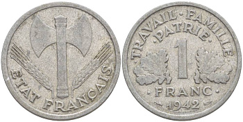 ФРАНЦИЯ 1 ФРАНК 1942 LB, ТИП LOURDЕ, ПРАВИТЕЛЬСТВО ВИШИ KM 902.1, LE FRANC 222.2 алюминий 4544-347