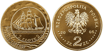 Польша 2 злотых 2005 MW, история польского злотого, парусник KM 521, Parchimowicz 951 нордик  UNC 4565-321