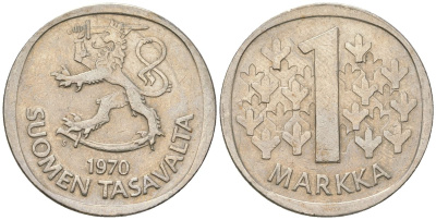 Финляндия 1 марка 1970 S KM 49a медно-никель 4586-552
