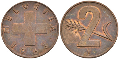 Швейцария 2 раппена 1963 В KM 47 бронза 4582-613