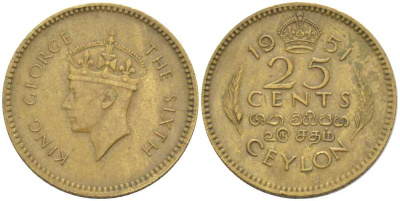 ЦЕЙЛОН 25 ЦЕНТОВ 1951 ГЕОРГ VI (1936-1952) KM 122 никель латунь 211-651