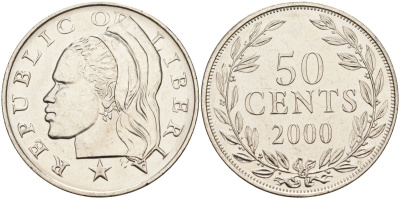 Либерия 50 центов 2000 KM 17b.2 никелированная сталь UNC 00-00