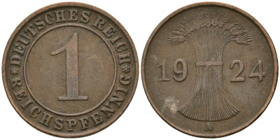 Германия 1 рейхспфенниг 1924 A KM 37, J. 313 бронза 4189-1059