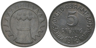 Геппинген (Вюртемберг) 5 пфенингов 1918 Funck 163.1, Men05 9198.1, Men18 11532.1 цинк 4588-628