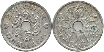 ДАНИЯ 2 КРОНЫ 2001 LG; JP; A, МАРГРЕТЕ II (1972-) KM 874.1 медно-никель 113-756