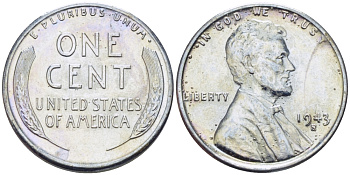 США 1 цент 1943 S (Сан-Франциско), Авраам Линкольн KM 132 a сталь плакированная цинком 39-125