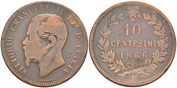 ИТАЛИЯ 10 ЧЕНТЕЗИМО 1866 М, ВИКТОР ИМАНУИЛ II (1861-1878) KM 11.1 медь 111-1034