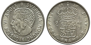 Швеция 2 кроны 1958 TS, Густав VI Адольф (1950-1973) KM 827 серебро 00-00